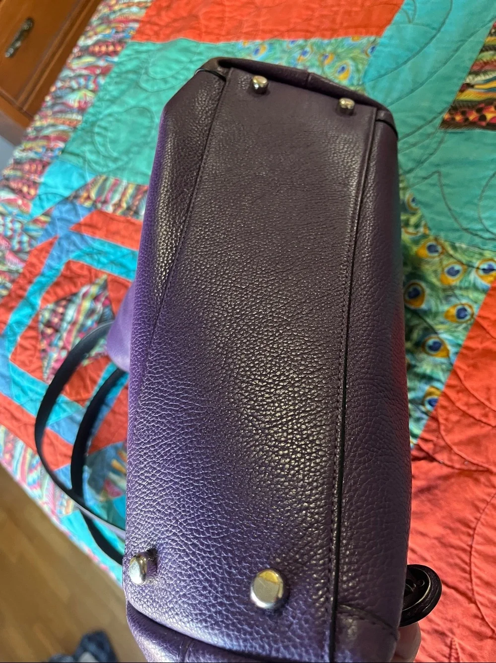 Coach Pebbled Leather Shoulder Bag in Purple with Black Handles